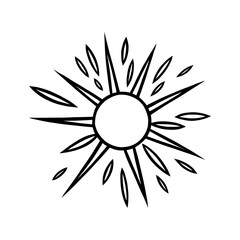 Handdrawn sun with beams. Shining sun in doodle style. Black and white vector illustration isolated in white background
