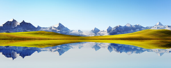 Panorama view of beautiful snow-capped mountain and grassland  landscape