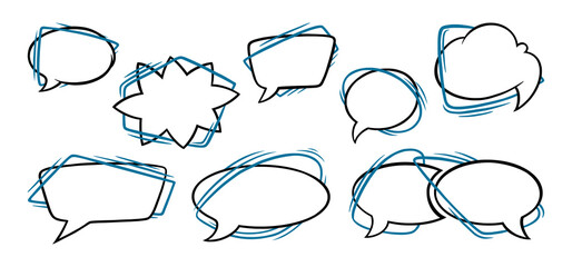 Speech bubbles in oval, rectangular and star shapes. Outline speech boxes isolated in white background. Handdrawn vector illustration