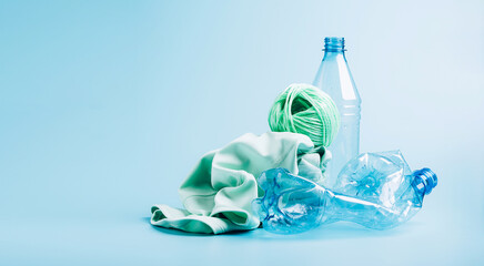 Empty plastic bottle and various fabrics made of recycled polyester fiber synthetic fabric on a blue background - obrazy, fototapety, plakaty