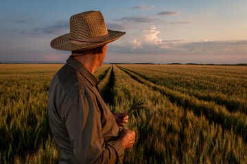 Senior farmer in standing in wheat field examining crop at sunset.