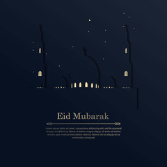 Fototapeta na wymiar Eid Mubarak greeting vector design template mosque at night with star, navy blue gradient background.jpg