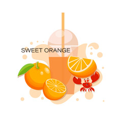 SWEET ORANGE. Fresh Juice. Tropical fruits, cute crab with slice of ripe orange. Fresh fruits, red crab. Design for poster, postcard, advertising flyer. Vector illustration