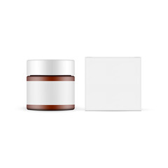 Cosmetic Amber Jar with Blank Label and Square Packaging Box Mockup, Isolated on White Background. Vector Illustration