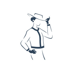 Beautiful young lady portrait isolated. Awesome model in stylish lady like look suit black hand drawn silhouette. Vector flat contour illustration. For emblem, tag, logo, banner etc.