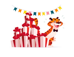 Vector flat cartoon illustration of new year and merry Christmas mascot tiger funny character at big pile of xmas presents isolated. For banners, web, packaging, ads, cards etc.