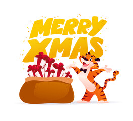 Vector flat cartoon illustration of new year and merry Christmas mascot tiger funny character with text congratulation and big gifts bag isolated. For banners, web, packaging, ads, cards etc.