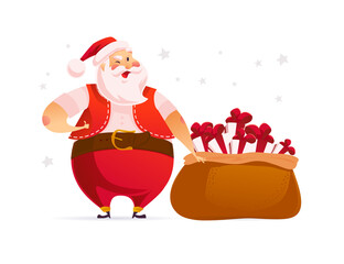 Funny Santa Claus character near big bag with Christmas gift boxes and presents isolated. Vector flat cartoon illustration. For tags, banners, cards, sale posters, advertise, web.