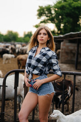 Fototapeta na wymiar A young pretty girl poses on a ranch with goats and other animals. Agriculture, livestock breeding
