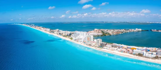 Fotobehang Aerial view of Punta Norte beach, Cancun, Mexico. Beautiful beach area with luxury hotels near the Caribbean sea in Cancun, Mexico. © ingusk