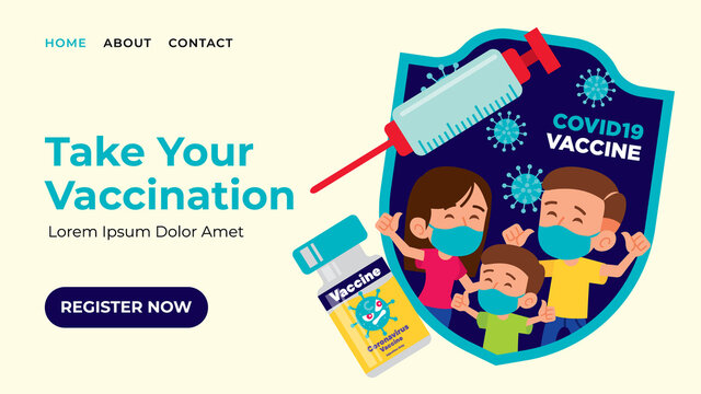 Landing web page template of Vaccination Campaign. Modern flat design web banner of vaccinated family showing thumb up. Syringe with needle and vaccine bottle floating around