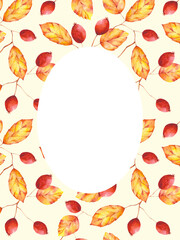 Watercolor hand drawn Autumn floral card with copy space. Botanical blank, template, border, frame. Fall leaves and berries ellipse frame, design element for postcards, tags, design and decoration.