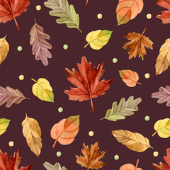 Autumn leaves watercolor seamless pattern on dark brown background