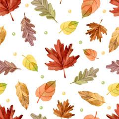 Fototapeta na wymiar Autumn leaves watercolor seamless pattern