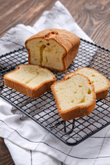 Closeup view of fresh biscuit cake with apple on the table