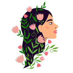Woman with positive  harmony mental health Resourceful woman. Female vector portrait with blooming flowers in her hair. Psychotherapy or psychology concept.