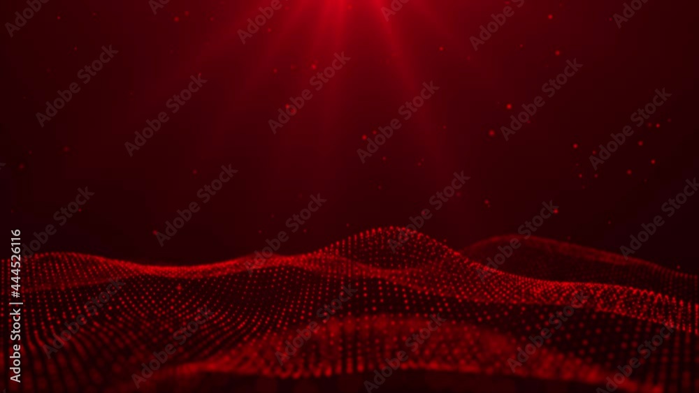 Poster particle wave dynamic digital red color abstract background. 3d rendering animation 4k