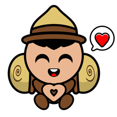Fototapeta premium cartoon camping vector boy character with love bubbles and hands forming love
