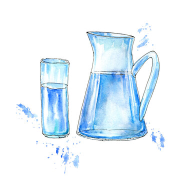 Jug Of Water And A Glass.Watercolor Hand Drawn Illustration.