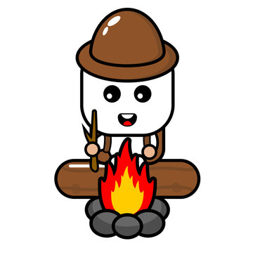 cartoon vector cute marshmallow character who likes to camp sitting behind the campfire