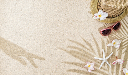 Fototapeta na wymiar Straw hat with frangipani flowers, sea shells and sunglasses on white sand with palm tree and hand shadow. Summer concept with copy space