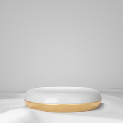 3D rendering background. White gold cylinder stage donut shape podium and on white cloth floor.