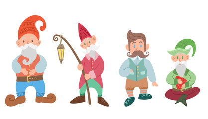 Set of various gnomes isolated from the background. Hand drawn cartoon fairy character. Leprechauns and forest dwellers. Flat illustration of male dwarfs