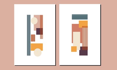 Set two of abstract Geometric mid century modern wall art. Geometry shapes wall decor. Minimalist Scandinavian wall decorations. Greetings cards invitation background Wallpaper poster social media.