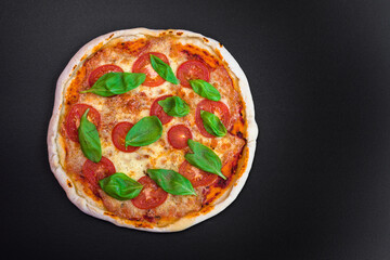 freshly baked Italian pizza with cheese and tomato sauce, garnished with basil leaves. Ingredients. view from above 