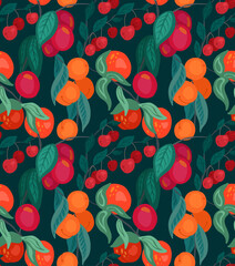 Seamless flat texture with cherries, peaches, plums on branches with foliage on dark green background. Cartoon pattern with berries. Wallpaper with fruits and bushes. Vector natural gardening fabric