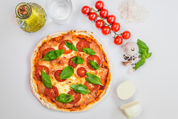 freshly baked Italian pizza with cheese and tomato sauce, garnished with basil leaves. Ingredients. view from above 
