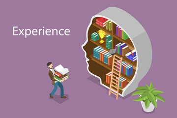 3D Isometric Flat Vector Conceptual Illustration of Experience and Brain Development, Gaining Knowledge