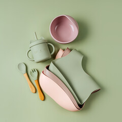 Children's tableware and silicone bibs. Baby accessories. Nutrition and feeding concept. Top view, flat lay