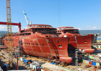 Large building cruise ships in the ship yard.