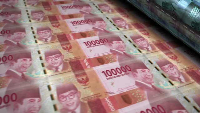 Indonesian Rupiah money banknotes printing roll machine. Paper IDR bank note print 3d looping seamless. Abstract concept of banking, debt, income, finance, economy and crisis in Indonesia.