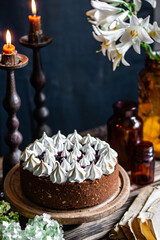 Chocolate cherry cheesecake. Romantic background.