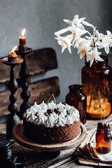Chocolate cherry cheesecake. Romantic background.