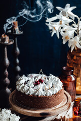 Obraz na płótnie Canvas Chocolate cherry cheesecake. Romantic background.