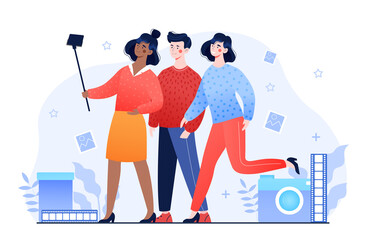 Young male and female characters are taking a selfie together. Group of friends are standing near each other to make a perfect selfie with a selfie stick. Flat cartoon vector illustration