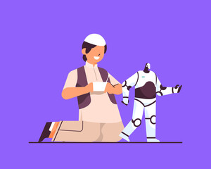 arab schoolboy playing with radio controlled robotic toy smiling boy having fun full length