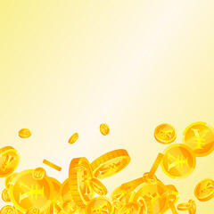 Chinese yuan coins falling. Exquisite scattered CNY coins. China money. Pleasing jackpot, wealth or success concept. Vector illustration.