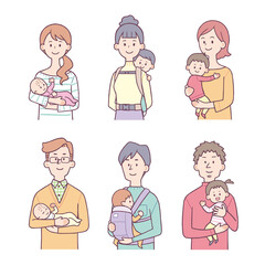 赤ちゃんを抱っこ・おんぶする女性と男性　笑顔　セット
