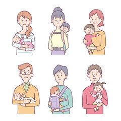 赤ちゃんを抱っこ・おんぶする女性と男性　悲しい　セット