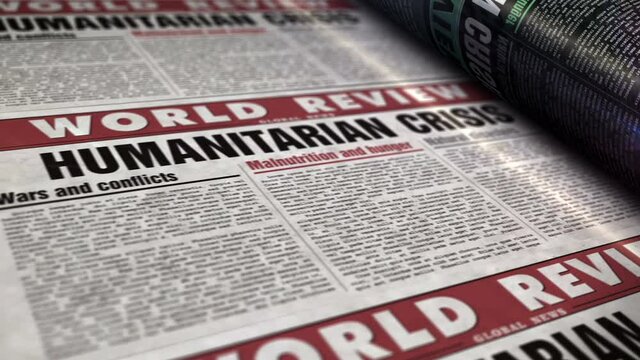 Humanitarian crisis news, famine and hunger disaster daily newspaper report roll printing. Abstract concept 3d rendering seamless looped animation.