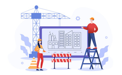 Male and female characters are working on construction site. Professional team working on site projects with blueprints and documents. Building under construction. Flat cartoon vector illustration