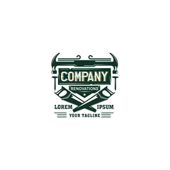 label construction carpentry, hammer, handsaw, repair, veteran, vintage retro for business is a home renovation company.
