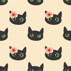 Cute black cat on a pink background of pastel colors. Seamless pattern with pets. Print for fabrics, decorative pillows. Vector.