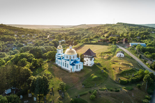 Aerial sunset view of Busha state Historical and Cultural Reserve, located on Podillya, Vinnytsa region, Ukraine.