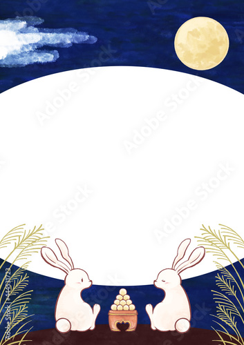手書きのお月見イラスト 水彩 十五夜 満月 ウサギ 団子 背景素材 Abstract Canvas Print Abstra Aoirokaeru