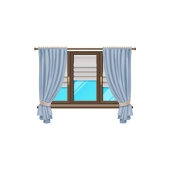 Fototapeta na wymiar Window curtains or blind drapes and shutter roller jalousie, vector flat isolated icon. Classic window frame with shades drapery folds or tulle, house jalousie rolls on wooden cornice rod